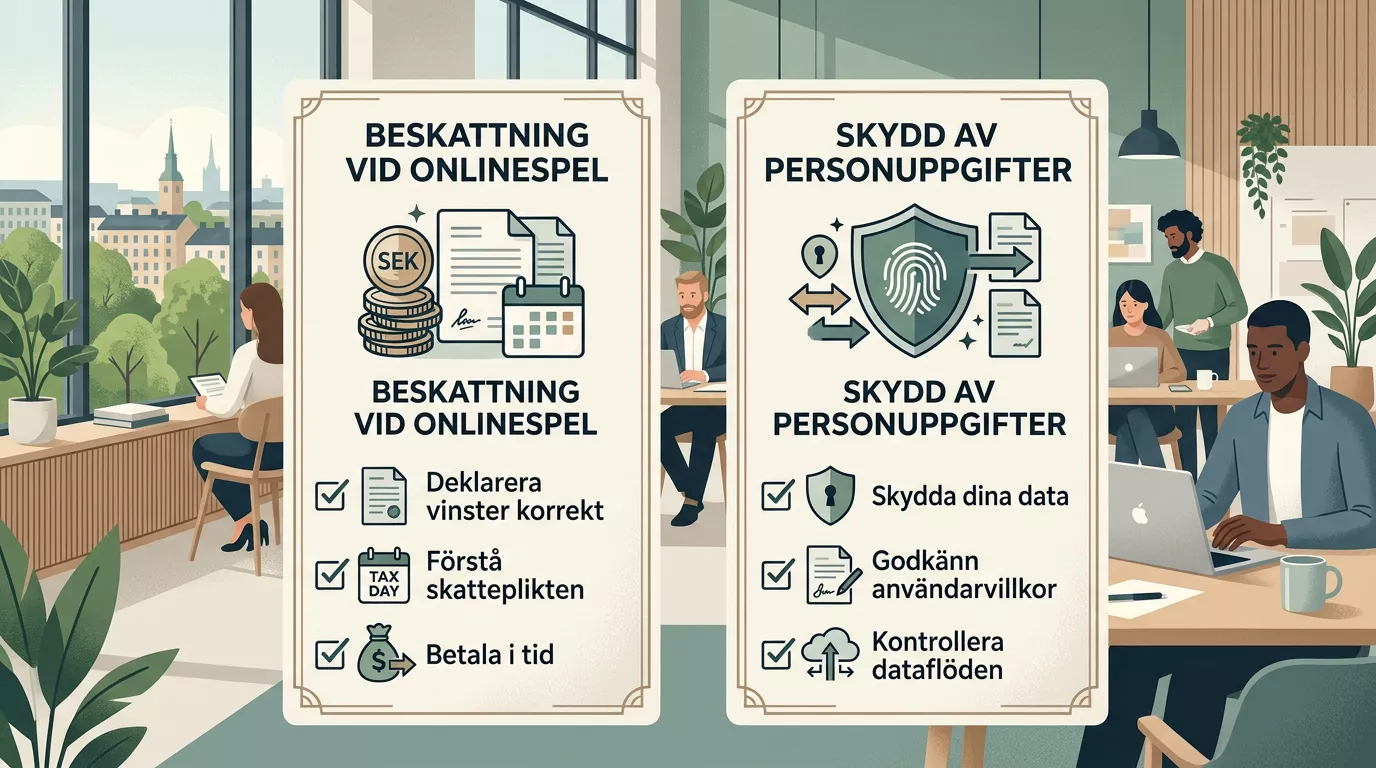 Två parallella checklistor för skatt och personuppgifter vid nätspel.