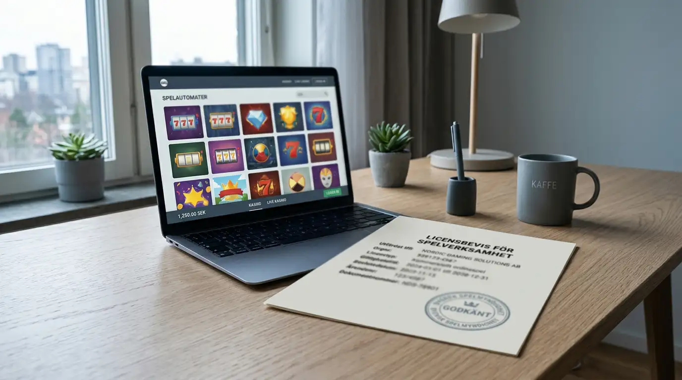 casino utan spelpaus 2026 licensdokument bredvid laptop med casinolobby